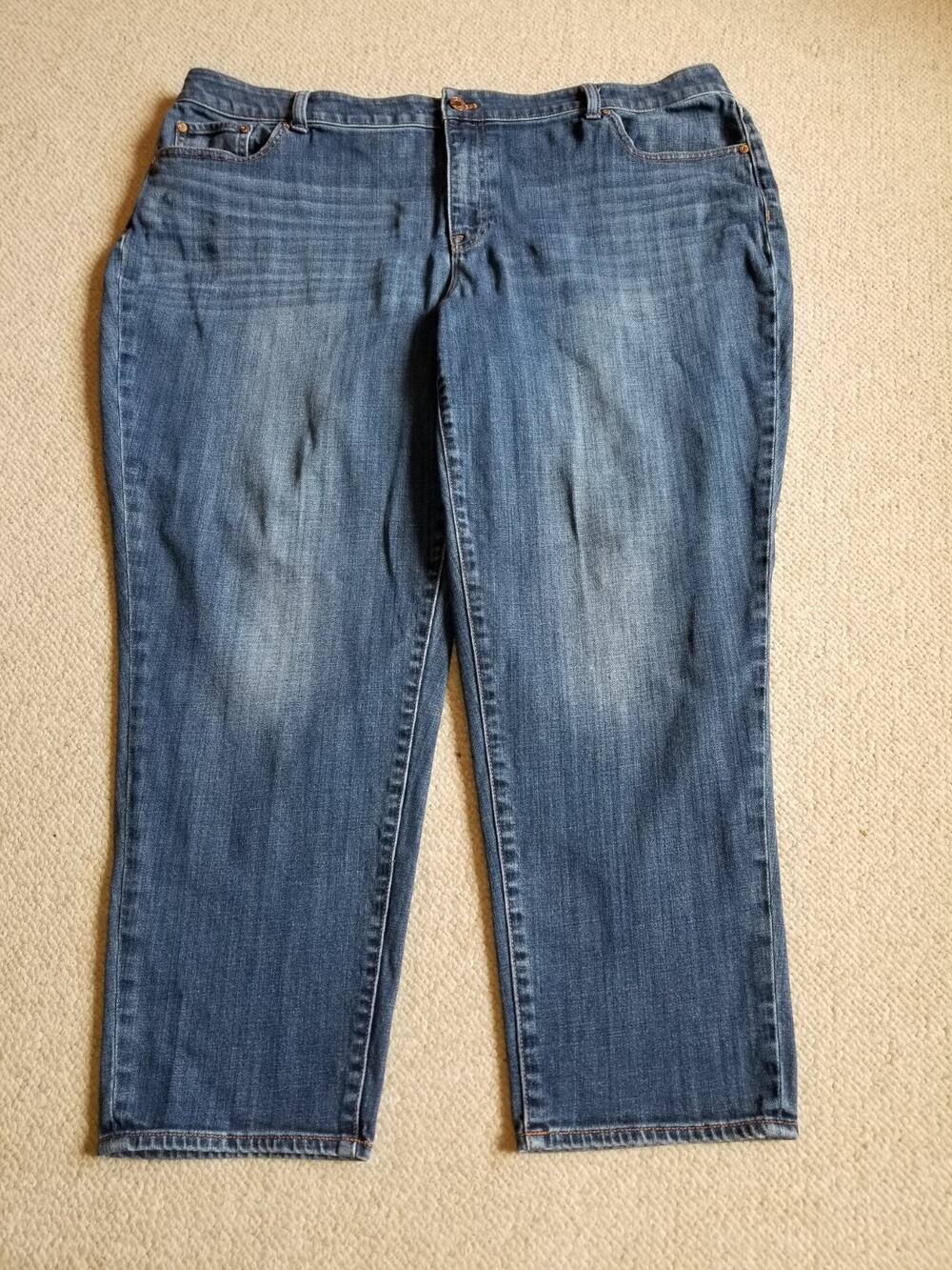 Womens Jeans-TALBOTS FLAWLESS-blue stretch denim ankle "Girlfriend Curvy"-20W